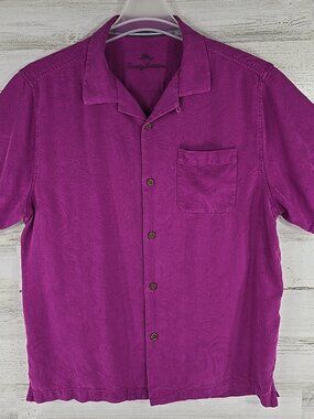 TOMMY BAHAMA Tropic Isles Silk Camp BUTTON FRONT Shirt Very Berry SIZE LARGE EUC